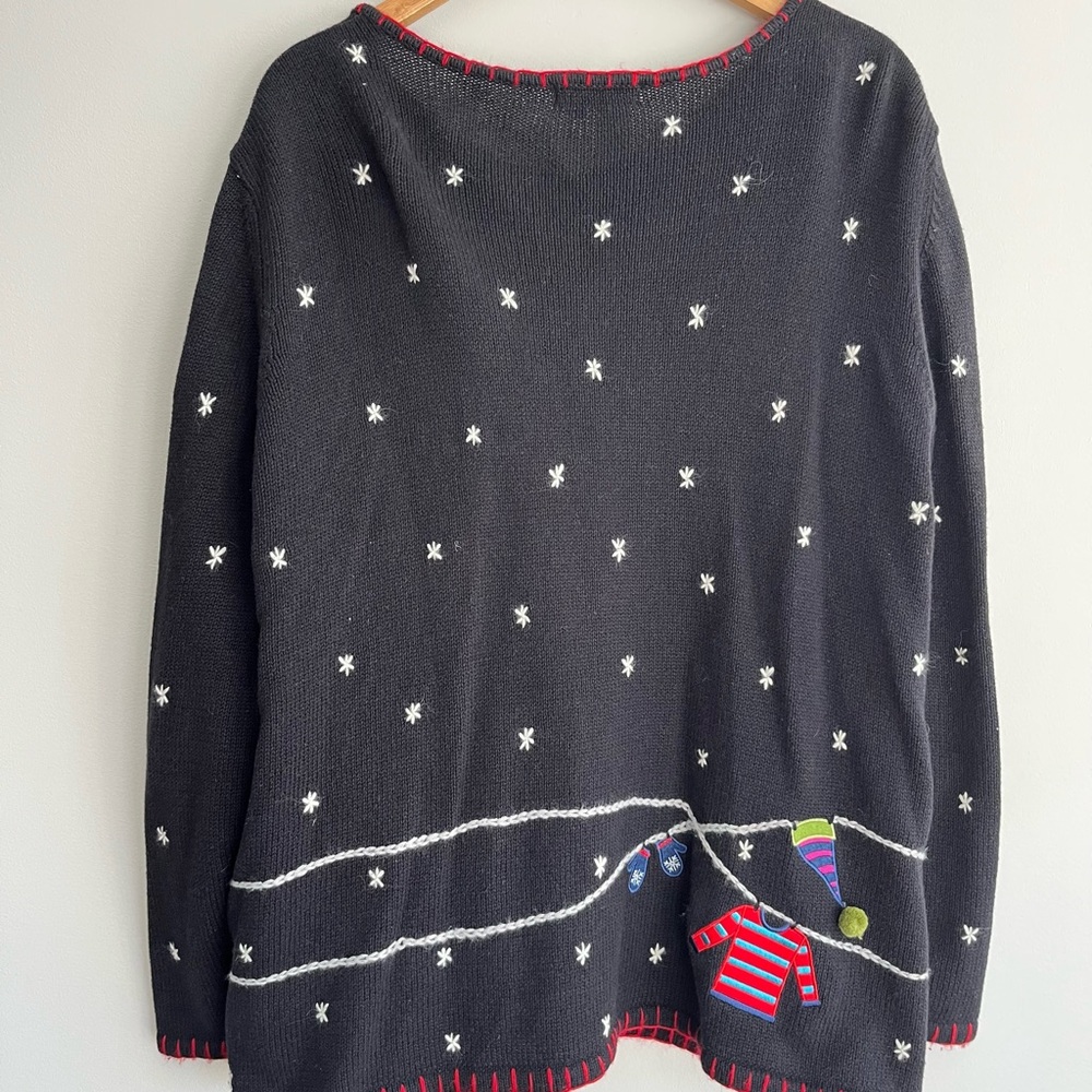 Coldwater Creek Black V-Neck Winter Motif Gloves Hats Mittens Zip Cardigan 3X - Picture 2 of 10